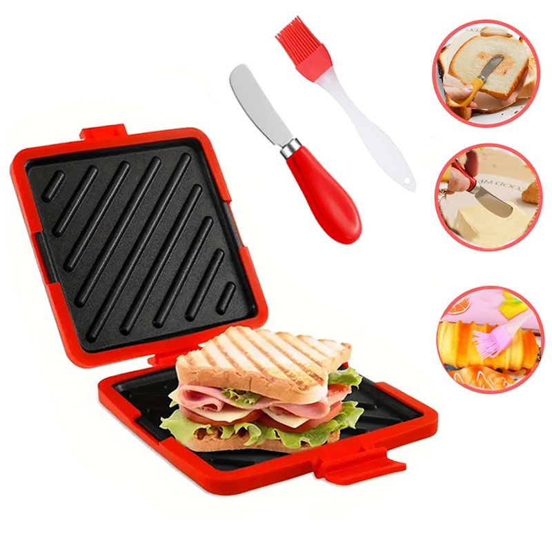 Kitchen Baking Gadgets - เครื่องปิ้งขนมปังแบบ 3 ชิ้น พร้อมมีดเนยและแปรงทาน้ำมัน ชุดอุปกรณ์ครัวสำหรับทำขนมปังปิ้งและแซนวิช