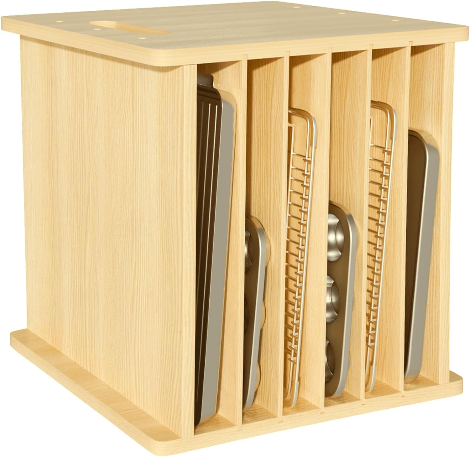 Kitchen Baking Sheet Organizer - ถาดแบ่งช่องสำหรับอุปกรณ์อบขนมทำจากไม้, ชั้นวางคุกกี้แบบตั้งตรง, ชั้นวางหม้อและกระทะ, ถาดอบขนมอเนกประสงค์และที่จัดเก็บเอกสารสำหรับตู้ครัว
