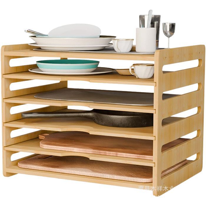 Kitchen Baking Sheet Organizer - ชั้นวางของในครัวไม้เนื้อแข็ง ชั้นวางจานชามหลายชั้น ถาดแบ่งช่องใส่ภาชนะอบ ฝาปิด และชั้นวางอุปกรณ์ทำขนม
