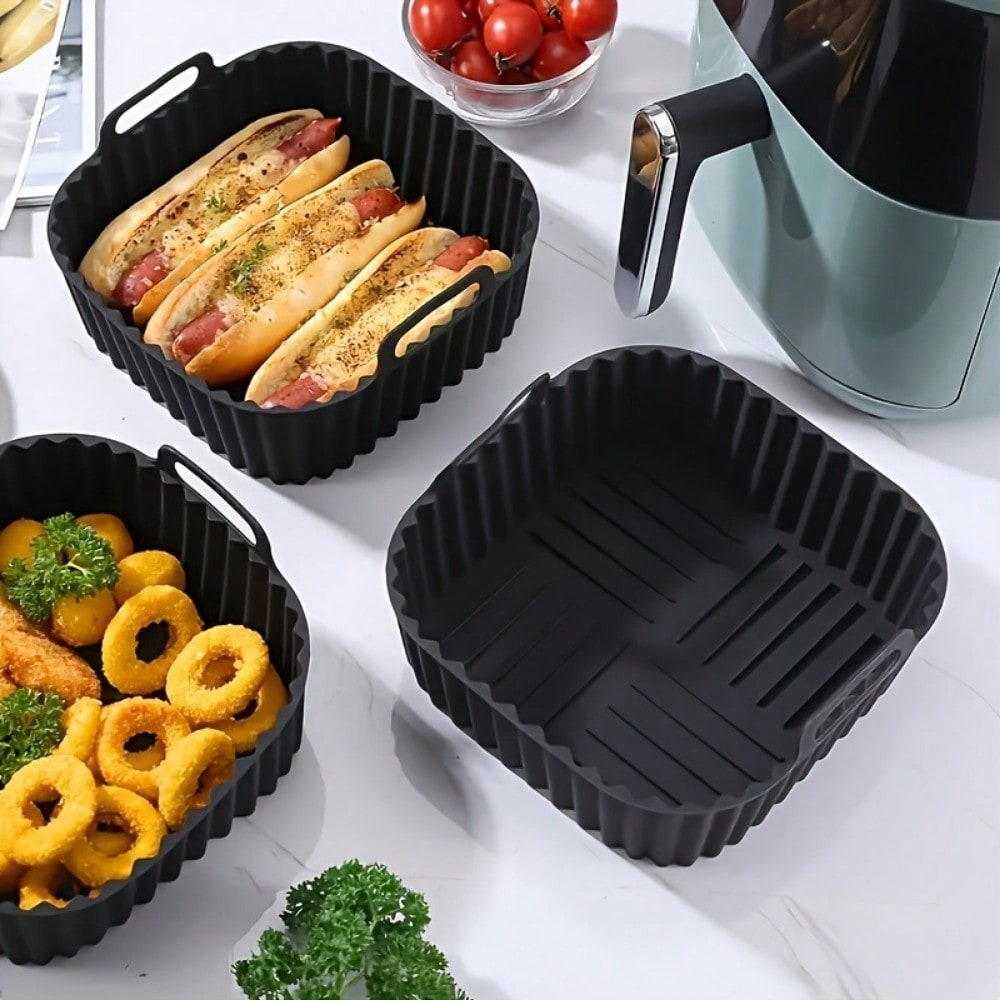 Kitchen Baking Trays - แผ่นรองซิลิโคนสำหรับหม้อทอดไร้น้ำมันแบบใช้ซ้ำได้ 1 ชิ้น, อุปกรณ์เสริมสำหรับหม้อทอดไร้น้ำมัน, อุปกรณ์ครัวสำหรับเปลี่ยนแผ่นรองอบแบบใช้แล้วทิ้ง, สีดำ