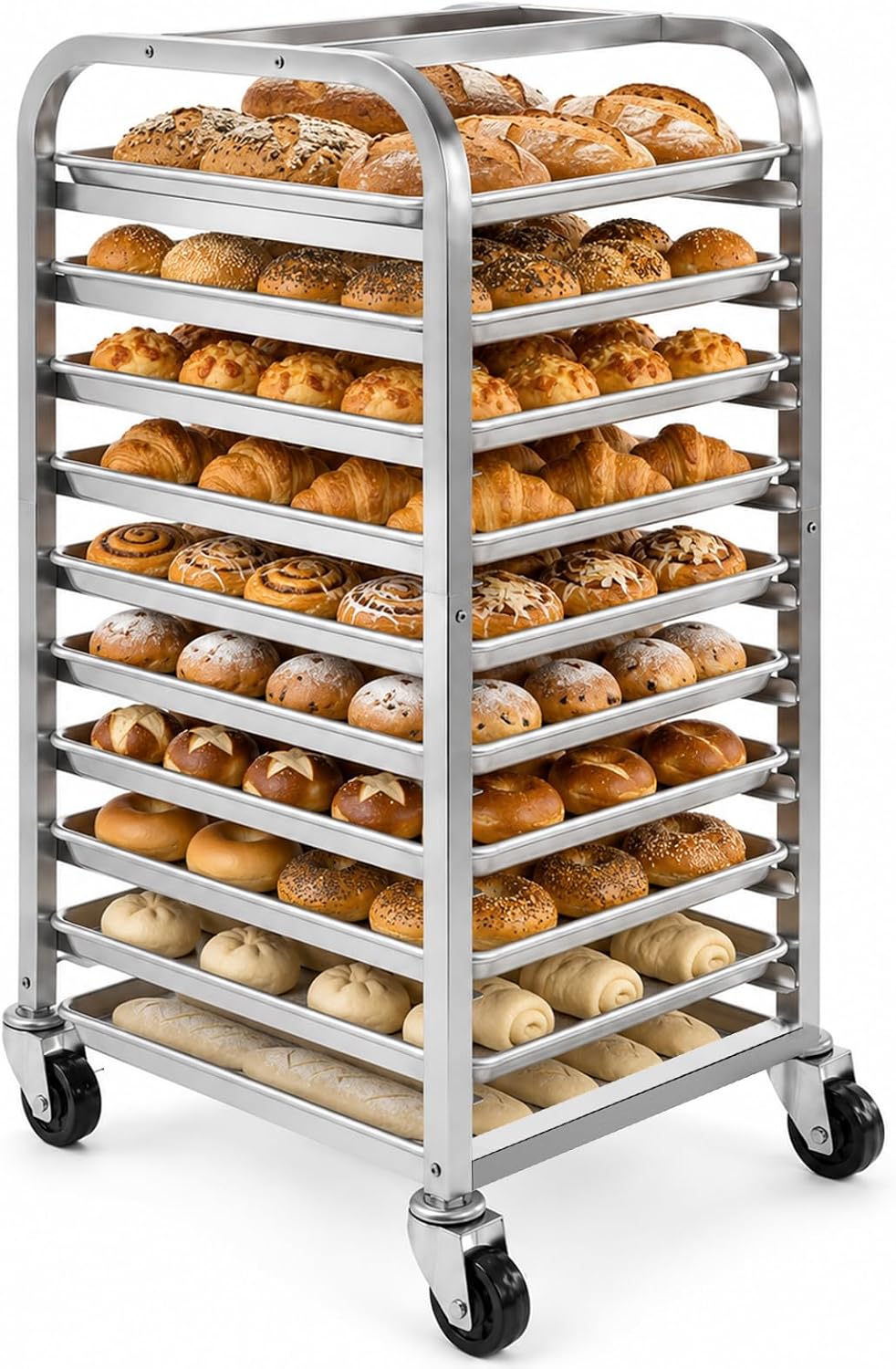 Kitchen Baking Sheet Organizer - ชั้นวางถาดสแตนเลส 10 ชั้นพร้อมล้อเลื่อน รถเข็นเบเกอรี่แบบเคลื่อนที่ ชั้นวางถาดขนมปังแบบเร็ว ชั้นวางของอเนกประสงค์สำหรับบ้าน